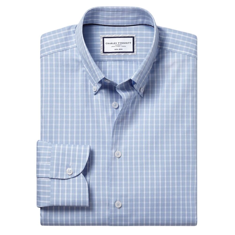 Charles Tyrwhitt Non-Iron Stretch Windowpane Check Shirt in Sky, Size 17/37